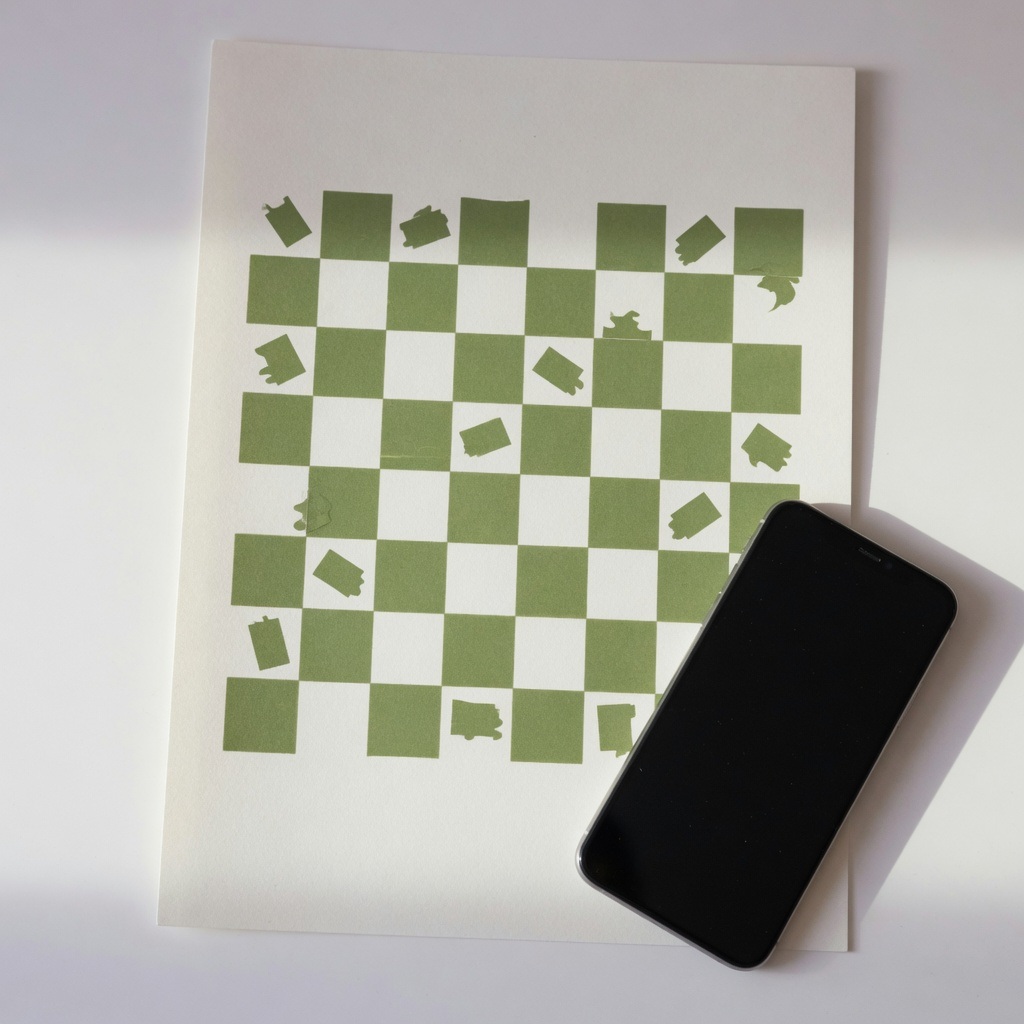 A phone and an illustrative square-code card on a desk